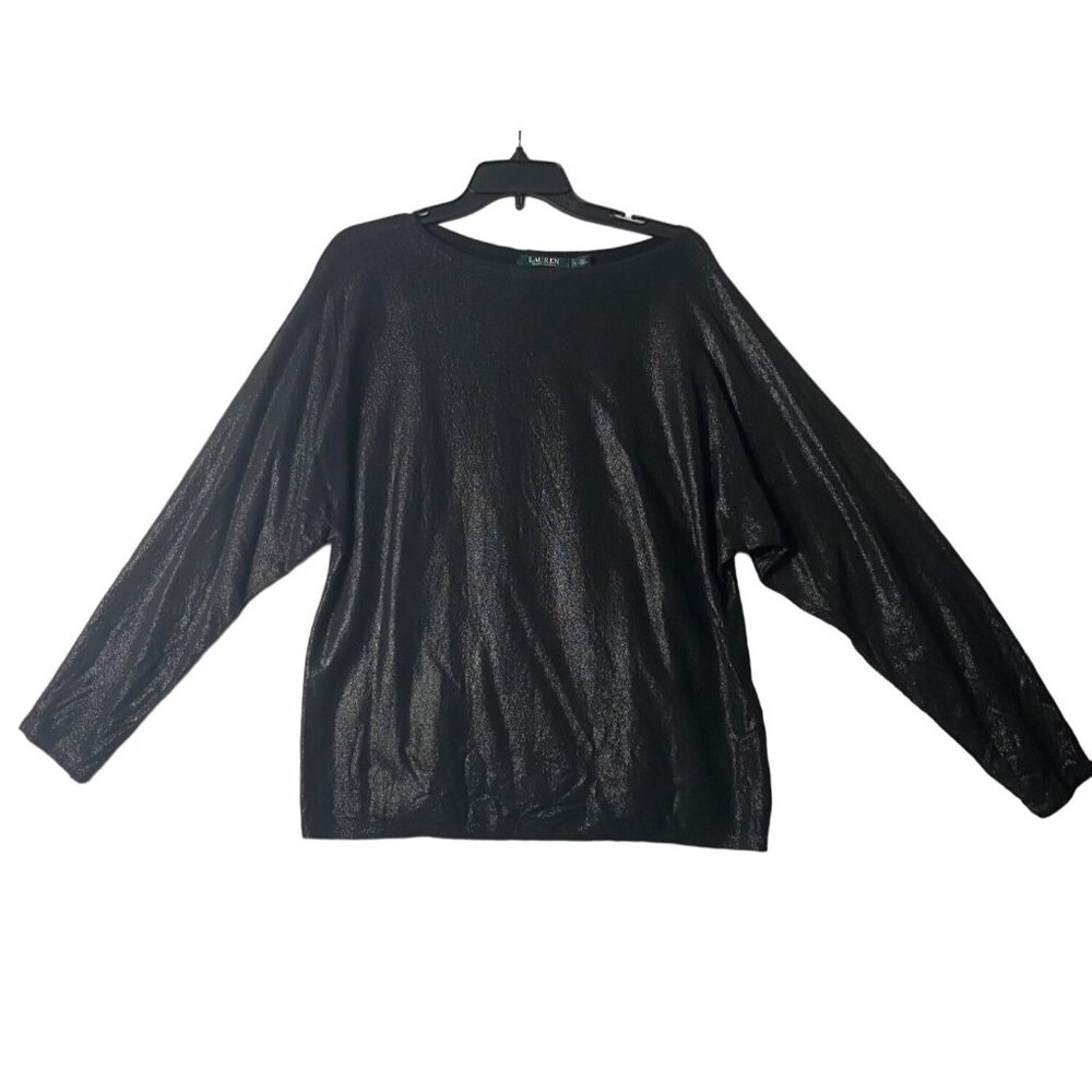 Lauren‎ Ralph Lauren Metalícese Black Blouse Women Large Dolman Sleeve Boat Neck